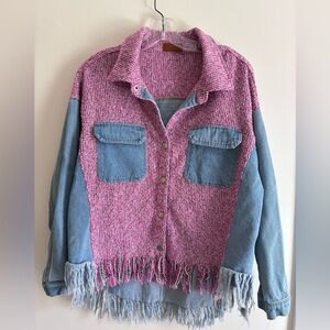 Umgee Boho Pink Knit and Blue Denim Jacket with Fringe Detail